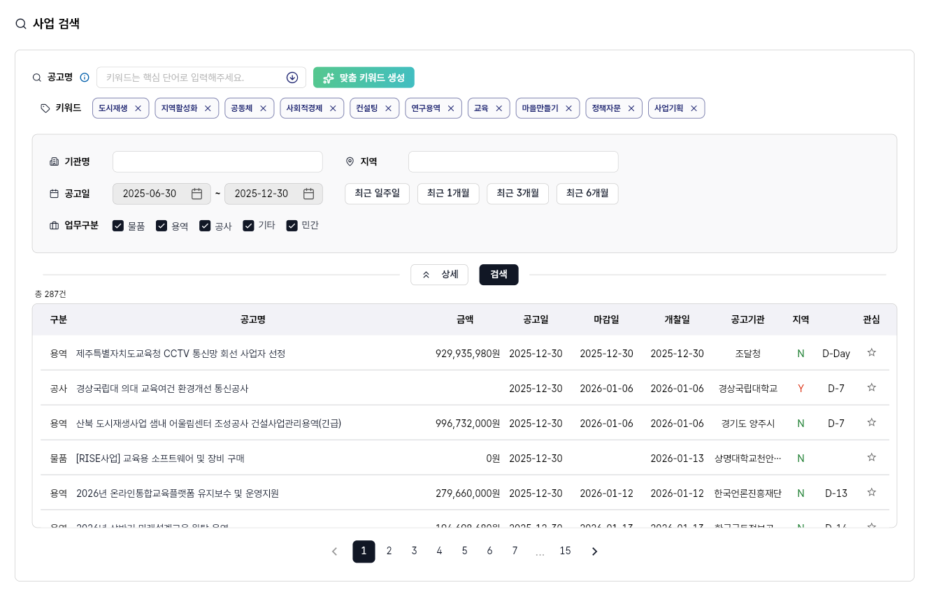 사업 검색 화면